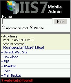 図2　IIS7 Mobile Adminでサイトを開始／停止する
