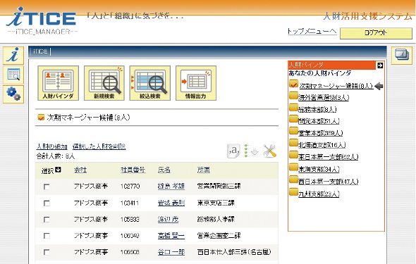 さまざまな条件を設定して人材を探すことができる「人財バインダ」機能