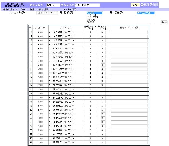 自身のスキルを申請する画面。求められるスキルとの差も分かる